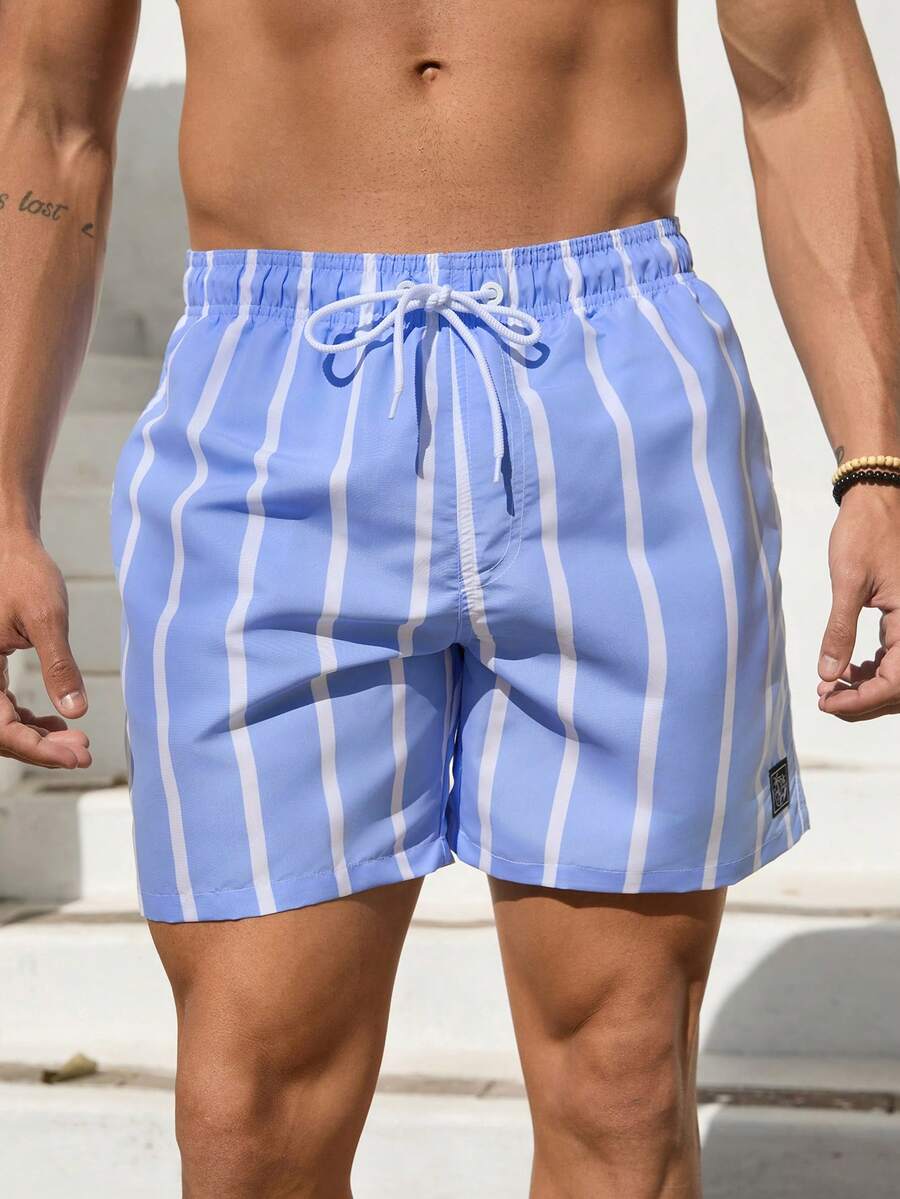 VIVINTIMO Quần short đi biển cạp rút họa tiết cây cọ và sọc cho nam - Màu xanh nhạt - Xem 1