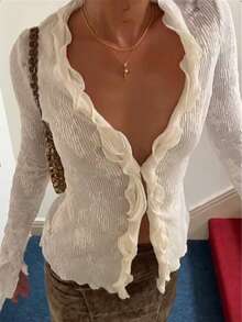 Roelina 女士休闲纯色荷叶边纽扣长袖衬衫 - 白色 - 查看 2