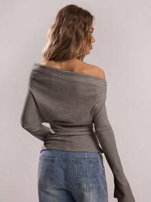 SHEIN BAE Women's Solid Color Minimalist Oblique Shoulder Casual Top - Brown - View 2