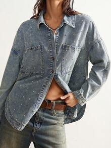 Bohemela Plus Size Rivet Decor Fashion Long Sleeve Denim Blouse - Light Wash - View 7