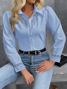 SHEIN LUNE Casual Vacation Style Hollow-Out Patchwork Long Sleeve Shirt - Light Wash - View 1