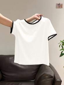 女士休闲撞色滚边圆领T恤 - 彩色 - 查看 3