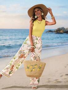 Sylviya 女士夏季波西米亚度假风纯色背心和印花阔腿裤两件套 女士夏季套装 夏季度假装 春季装 女士沙滩装 女士度假装 女士度假装 红色连衣裙 女士沙滩装 度假装 - 彩色 - 查看 1