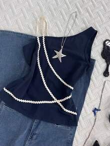 Rina Fox Casual Fashion Woven Strap Asymmetric Sleeveless Women Top - Navy Blue - View 3