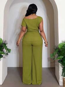 Veslaya 2026春夏大码女装新款音乐节、复活节、西部风、游牧风、生日派对、毕业典礼、大学、学生、日常休闲、基础款、休闲、度假、邮轮旅行、海滩、日光浴、爆款、街头风、婚礼宾客波西米亚风、通勤、早午餐、机场、派对、假日郊游、优雅晚宴、舞会、休闲、高端优雅绿色不对称单肩收腰不对称下摆阔腿裤套装两件套 - 綠色 - 查看 3