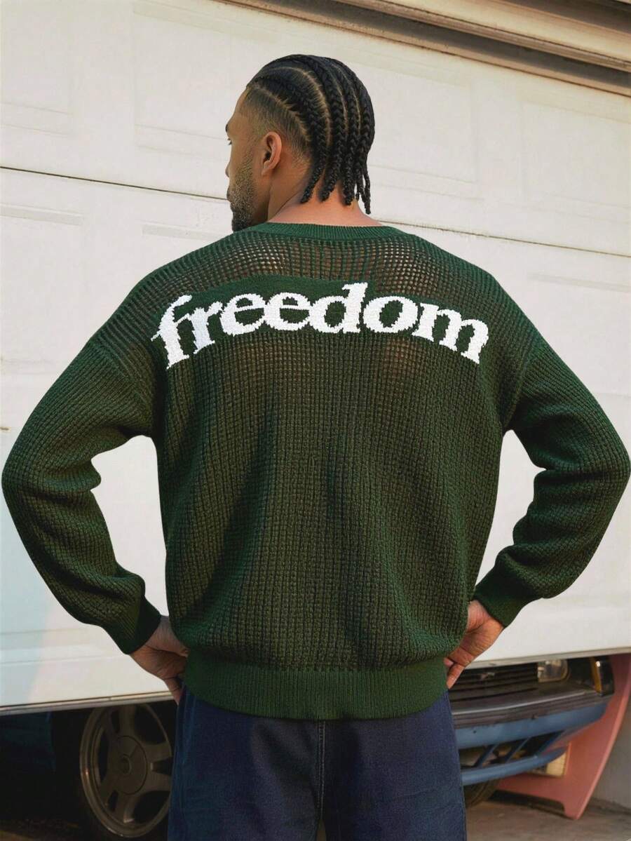 AXEPEAK 男士街头时尚“自由”图案圆领毛衣 - 軍綠色 - 查看 1