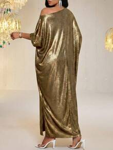 SHEIN Lady Vestido suelto con corte en el hombro metálico para mujer - Dorado - Ver 2