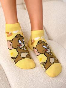 TOM & JERRY X SHEIN 2Pairs Soft & Breathable Moisture-Wicking Casual Women Ankle Socks Fashionable Cute Cartoon Grey & Yellow Short Socks Reinforced Toe & Heel For Durabiliy Unisex Men All Season All-Match Summer Winter,Graphics Socks - Multicolor - View 6