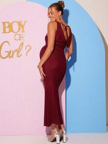 Loomaby Burgundy Summer Elegant Maternity Party Dress,Pregnant Fitted Sleeveless Solid Color Gender Reveal Baby Shower Pregnancy Photoshoot Cruise Dinner - Burgundy - View 3