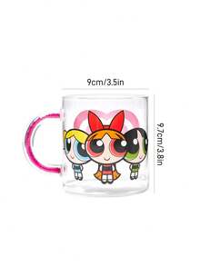 THE POWERPUFF GIRLS X SHEIN 1Pc 17.6oz/520ml Cute Cartoon Pattern Printed Shiny Handle Decorative Borosilicate Glass Mug, Cold And Heat Resistant, Suitable For Milk, Juice, Coffee, Etc., Love, Bubbles, Blossom, Buttercup,Gift Ideas - 無色 - 查看 10