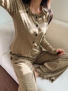 DAZY Ditsy Floral Women's Single-Breasted Long Sleeve Top And Pants Pajama Set - Olive Green - View 5