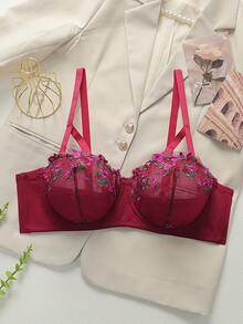 DesireSculpt 1pc Plus Size Mesh Embroidered Underwire Bra - Burgundy - View 3