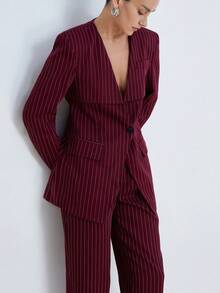 Ciel Poise Bộ vest kiểu cổ điển màu đỏ rượu vang kẻ sọc, không cổ, vai rộng và quần ống đứng, trang phục công sở chuyên nghiệp. - Màu Đỏ Sâu - Xem 5