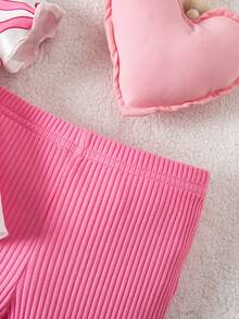 SHEIN Babygirl Cute Pink Bow Knit Top & Elastic Waist Pants Set, Summer - Pink - View 7