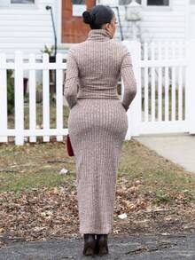 Melissa Matos Turtleneck Long Sleeve Bodycon Dress - Mocha Brown - View 2