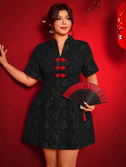 Elenzga 加大码女式黑色纽扣V领提花A字型中国新年连衣裙