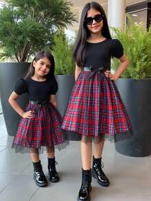 Elladie kids Đầm bé gái dễ thương, tay phồng, cổ tròn, họa tiết kẻ caro, chân váy lưới, kèm thắt lưng, thích hợp mặc hàng ngày. - màu đen - Xem 5