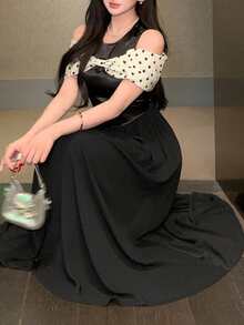 女士优雅波点拼接露肩长款连衣裙 - 黑色 - 查看 5