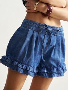 Bohemela Quần short denim xếp ly hai lớp viền cánh kiểu tulip dành cho nữ, thích hợp cho ngày Valentine, kỳ nghỉ hè, mùa hè, mùa xuân. - Rửa trung bình - Xem 4