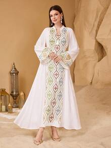 SHEIN Najma Elegant Luxurious Embroidered Long Sleeve Dress, Exquisite Craftsmanship, Sophisticated Style - White - View 5
