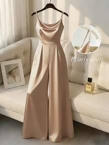 Franclia Fashionable French Style, Elegant And Slimming, Pearl-Embellished Camisole With A Small Ruffled Neck, Sleeveless Wide-Leg Pants, Women's Summer Apricot Jumpsuit, Women's Vacation Outfits, Outdoor Outfits, Summer Clothing, Women's Summer Outfits, Summer Holiday Outfits. - Apricot - View 1