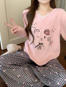 DAZY 2件套卡通印花蕾丝拼接V领宽松长袖T恤和格子裤女士睡衣套装 - 粉色 - 查看 3