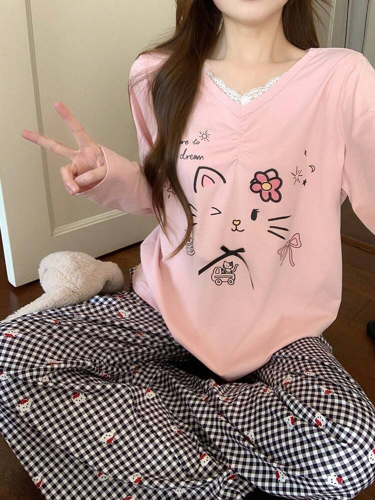 2pcs/Set Cartoon Print Lace Patchwork V-Neck Loose Long Sleeve T-Shirt & Plaid Pants Women Pajama Set