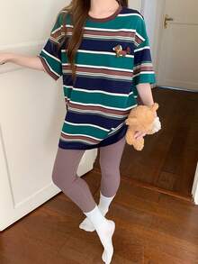 DAZY 2pcs/Set Women Cute Pony Decor Striped Short Sleeve T-Shirt & Elastic Cropped Pants Casual Outfit, Spring/Summer - Khaki - View 8