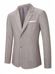 Manfinity Mode 男士灰白条纹纹理西装外套，春夏款 - 灰色 - 查看 3