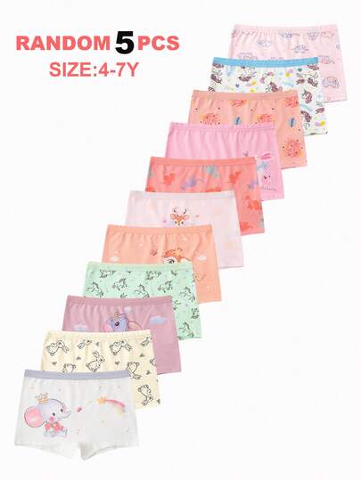5pcs/Pack Young Girl Cartoon Horse, Rabbit, Elephant Print Assorted Color Panties