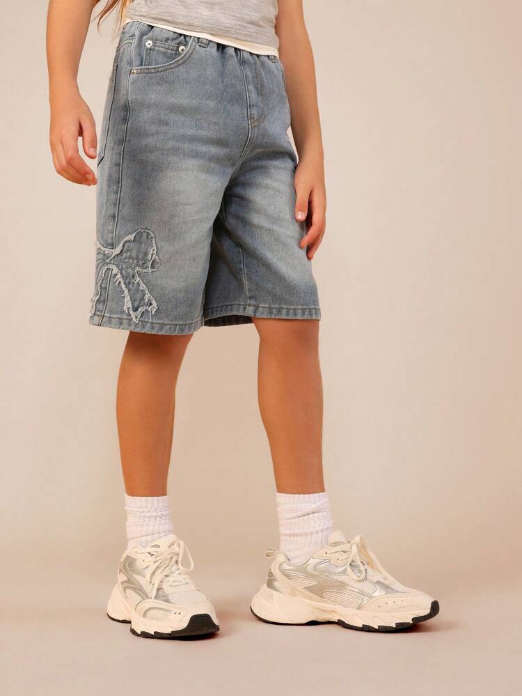 탈색 데님 리본 장식 와이드 레그 쇼츠