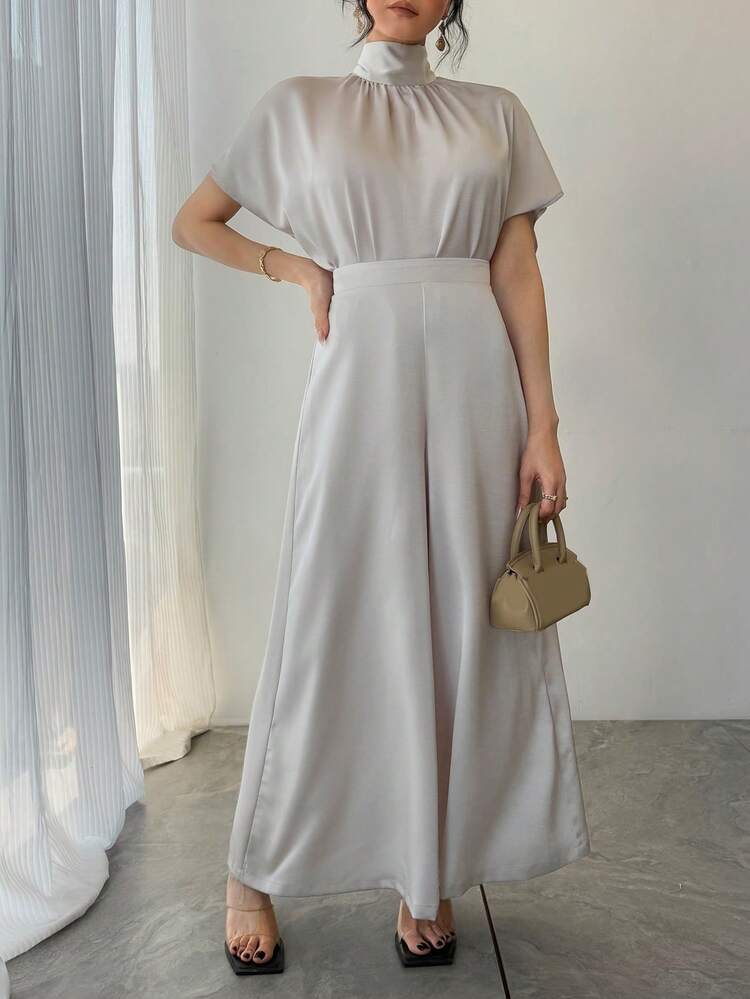 Women's Elegant 2 Pieces Set: Loose Tie Collar Pullover Shirt And Wide Leg Satin Pants