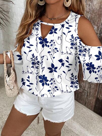 EMERY ROSE Holiday Style Casual All-Match Plus Size Off-Shoulder Holiday Style Blue And White Floral Pattern Keyhole Collar Shirt, Summer Vacation Women Summer Blouse Top Blue Floral Top Cold Shoulder Blouse
