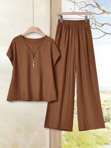 Rusticease Bộ đồ nữ gồm áo sơ mi ngắn tay cổ tròn màu trơn và quần ống rộng, kiểu dáng thường ngày. - màu nâu - Xem 6