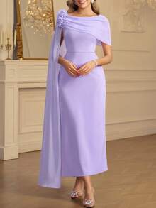 Ellevyn 女士纯色浅紫色收腰不对称花卉装饰优雅雪纺连衣裙，适合秋季、冬季和早春日常穿着。 - 紫色 - 查看 4