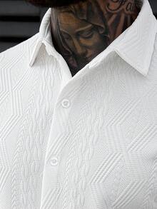 Manfinity Homme 男士几何纹理单排扣休闲/通勤短袖衬衫和抽绳腰短裤套装 - 白色 - 查看 3