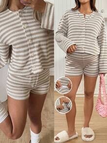 SHEIN 2pcs Maternity Striped Drop Shoulder Long Sleeve Button-Up Top And Adjustable Waist Shorts Nursing Set - Khaki - View 1