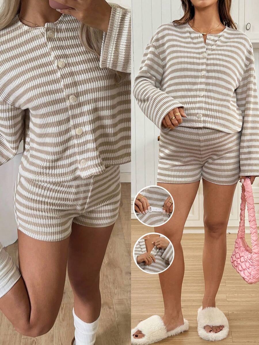 SHEIN 2pcs Maternity Striped Drop Shoulder Long Sleeve Button-Up Top And Adjustable Waist Shorts Nursing Set - Khaki - View 1