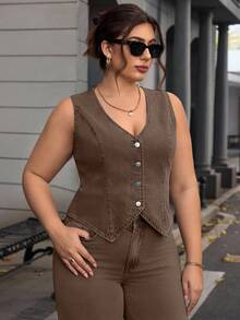SHEIN Essnce Plus Size Plain Simple Sleeveless Denim Jacket, Casual Everyday Wear - Brown - View 4
