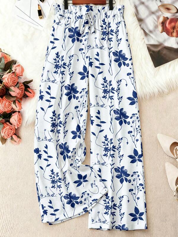 EMERY ROSE Büyük Beden Kadın Yüksek Bel Bol Kesim Küçük Çiçekli Geniş Paçalı Pantolon, Kadınlar İçin Zayıflatıcı ve Şık Çiçekli Pantolon, Plaj Pantolonu, Mavi Beyaz Çiçekli Pantolon, Kadın Geniş Paçalı Pantolon, Yazlık Pantolon