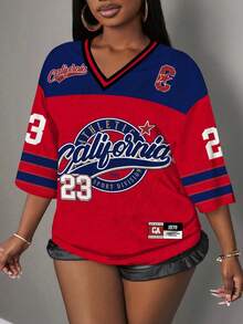 Slaydiva 大码休闲简约字母标志 V 领宽松网眼运动 T 恤，适合夏季、运动季、返校季、音乐节 - 彩色 - 查看 4