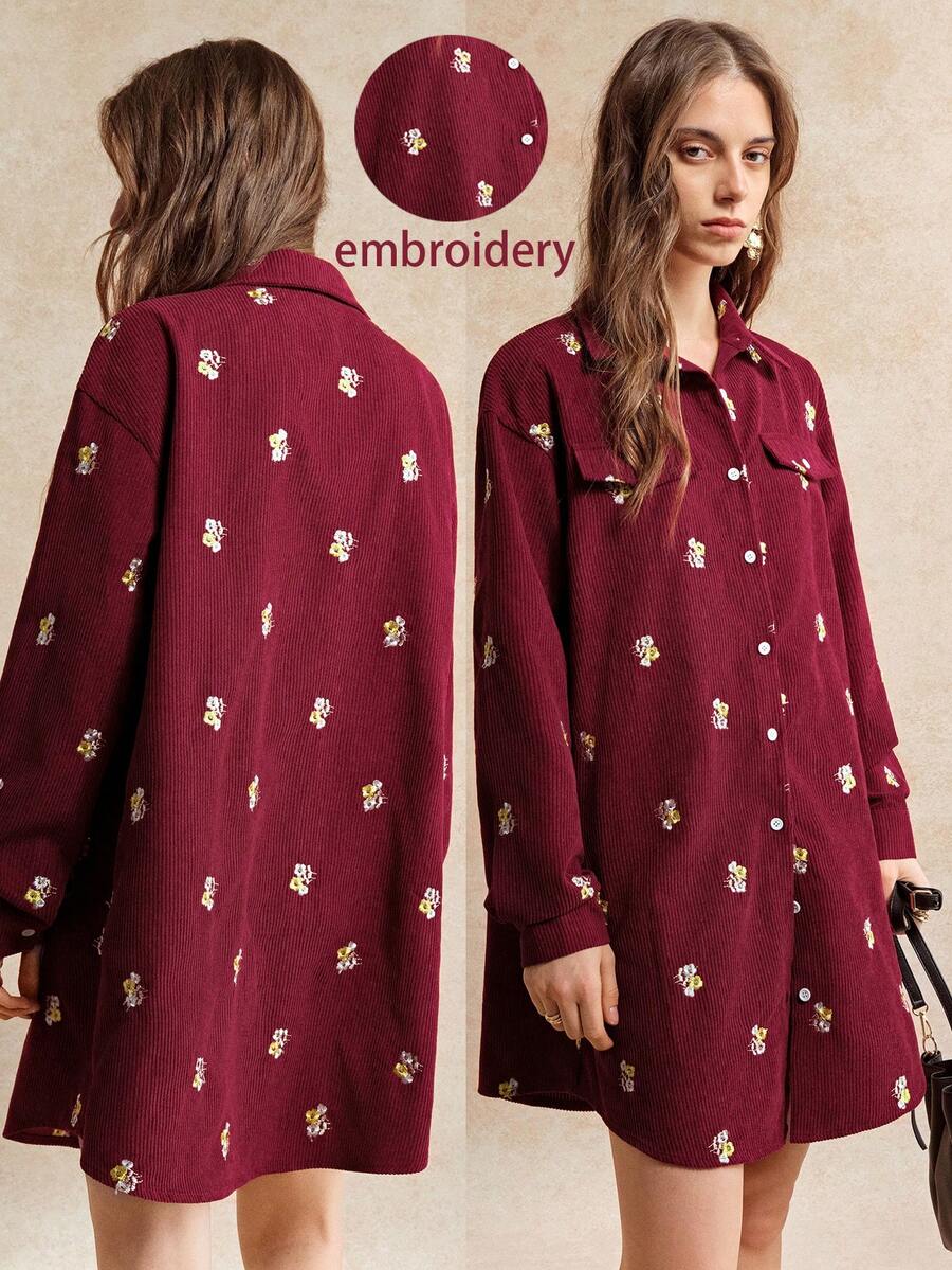 Écloséra Women's Elegant Dresses Women's Casual Dresses Autumn And Winter Collection New Year's Dresses Corduroy Embroidered Loose Short Casual Dresses Shirt Dresses Spring Outfits Women's Floral Dresses Red Dresses - Red - View 1