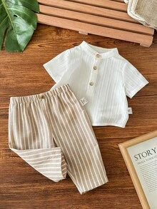 新生男宝宝休闲条纹裤和白色衬衫套装 - 米色 - 查看 8