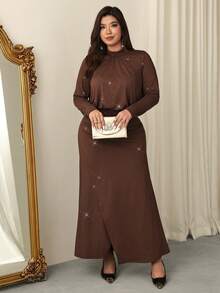 Firerie Elegant Coffee Brown Plus Size Maxi Dress For Women With Ruched Round Neck And Long Sleeves Knitted A-Line Wrap Hem - Coffee Brown - View 1