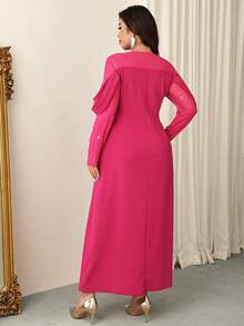 Firerie Elegant Plus Size Red Violet Long Knitted Fabric Dress With Round Neck Leg-Of-Mutton Sleeve And Flared Hem For Women Modest Wear - Red Violet - View 6