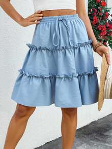 Breezaya Textured Fabric Pleated Cake Layer Skirt, Casual Vacation Wear, Spring/Summer - Blue - View 4