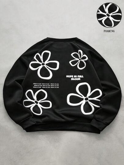 PAVTROS 男士街头风花卉压纹印花卫衣，户外音乐节，休闲穿着，送给男友/老公的礼物，周年纪念，黑色