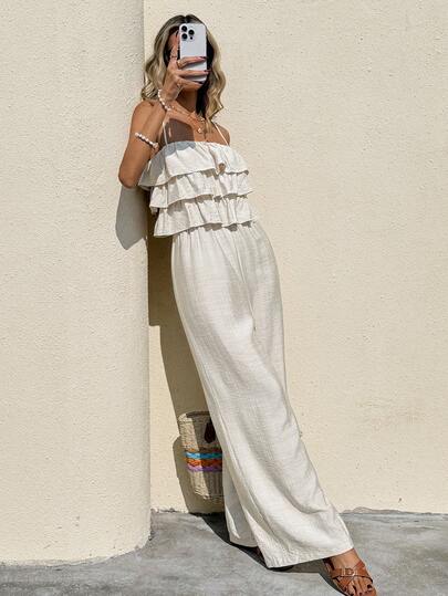 Serisse Women's Summer Casual Solid Color Linen  Boho Vacation Tiered Ruffle Layered Cami Minimalist Casual Wide Leg Jumpsuit Suitable For Vacation,Casual Summer Jumpsuit, Romantic And Elegant, Textured Fabric, Casual Wide-Leg Pants, Suitable For Vacation And Daily Wear, Women Work Summer Dresses Woman S Summer Clothes Holiday Resort, Beach Outfit For Women , Female Carnival Costume,Summer Clothes