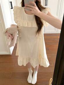 DAZY Women's Sweet Layered Ruffle Hem Polka Dot Fabric Short Nightgown, Summer - Apricot - View 13