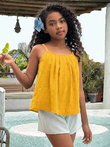SHEIN Camiseta de tirantes de unicolor informal para niñas preadolescentes - Amarillo - Ver 3